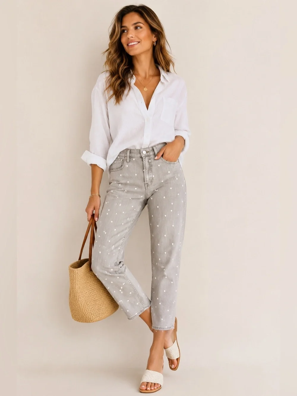 J.Crew Gray Polka Dot High Rise Cropped Straight Leg Jeans Size 29